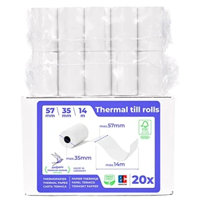 Abbildung von SWIPARO Ec Cash Thermorollen 57mm x 14m 12mm Kassenrollen Thermopapier Bonrollen für Bankomat Kredit Kartenlesegeräte mit SEPA Lastschrifttext (20 Stk.)