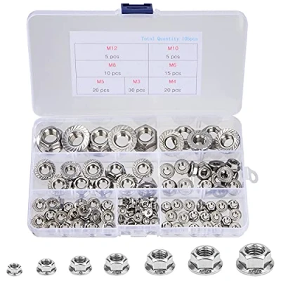 Abbildung von QIMEI SHOP Flanschmuttern Edelstahl Selbstsichernde Muttern M3 M4 M5 M6 M8 M10 M12 Sechskantmuttern mit Sperrverzahnung nach DIN 6923 Sortiment Kit 105 Stück