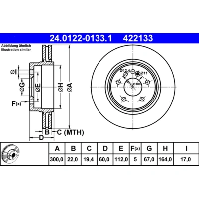 Abbildung von ATE 24.0122 0133.1 Bremsscheibe 300,0 22,0 5 112,0 Belüftet hochgekohlt MERCEDES BENZ: S Class Saloon