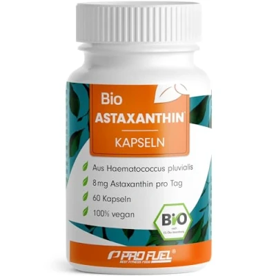 Abbildung von bio Astaxanthin Kapseln 60x hochdosiert &amp; 8 mg pro Kapsel Algamo® Premium aus der Blutregenalge (Haematococcus pluvialis) laborgeprüft mit Zertifikat