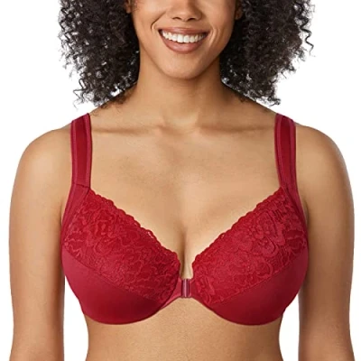 Abbildung von DELIMIRA Damen BH mit Vorderverschluss Bügel Spitzen BHS Große Brüste Soft Vollschalen Ungefüttert Dunkelrot 105C