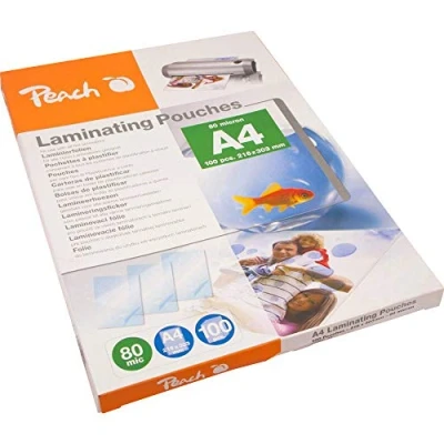 Abbildung von Peach Laminierfolien A4 80 mic 100 pouches glänzend Premiumqualität für beste Laminierergebnisse kompatibel mit Geräten aller Markenhersteller PP580 02