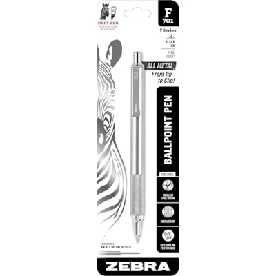 Abbildung von Zebra Pen F 701 Druckkugelschreiber, Edelstahlschaft, feine Spitze, 0,8 mm, schwarze Tinte, 1 Stück