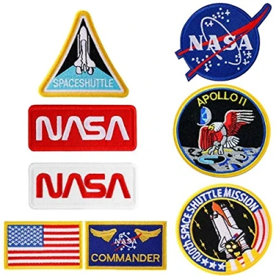 Abbildung von Bügel Aufnäher im 8 teiligen Set mit US Flagge, NASA Logo, 100. Space Shuttle Mission, gestickte für Kleidung, Handarbeiten, individuelle Abzeichen