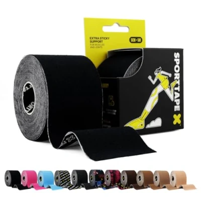 Abbildung von SPORTTAPE Kinesiologie Tape Schwarz 5 cm x m Kinesiotapes und sport bei verletzungen schmerzen Elastisches hypoallergen physio KinesioTape wasserfest Knie Muskel