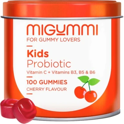 Abbildung von Probiotische Gummis Kinder 100 mit natürlichem Kirschgeschmack Probiotika, Vitamin C, B3, B5 und B6 Darmflora, Blähungen Völlegefühl Vitamine Vegan Glutenfrei