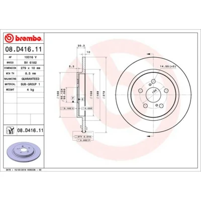 Abbildung von BREMBO 08.D416.11 Bremsscheibe 279 10 5 voll beschichtet TOYOTA: Urban Cruiser, LEXUS: CT