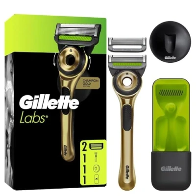 Abbildung von GilletteLabs, Rasierer mit Reinigungs Element Champion Gold Edition, 1 Handstück, 1, Wandhalterung, Reise Etui