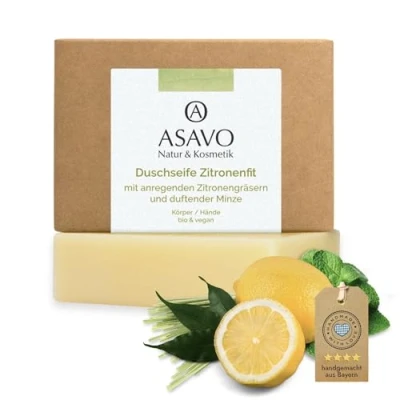 Abbildung von ASAVO Premium Naturseife Zitronenfit BIO, handgemachte Seife mit Bio Karitébutter, dem Duft von Zitronengras &amp; Minze, vegan, 1x95g