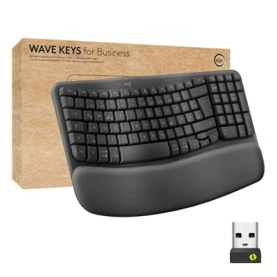 Abbildung von Logitech Wave Keys for Business, kabellose ergonomische Tastatur mit gepolsterter Handballenauflage, sichere Logi Bolt Technologie, Bluetooth, Windows/Mac/Chrome/Linux, DEU QWERTZ Layout, Grafit