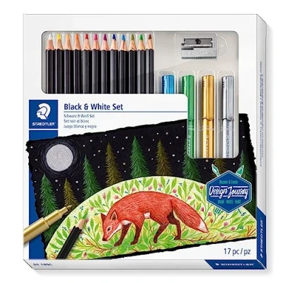 Abbildung von STAEDTLER Schwarz/Weiß Set, Komplett Set mit 12 super weichen Farbstiften, 4 Metallic Markern, 1 Metall Spitzer und Step by Anleitungen, 61 149C, 17 teiliges
