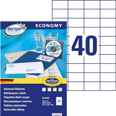 Abbildung von europe100 ELA049 Universal Etiketten (4.000 Klebeetiketten, Format 52,5x29,7mm auf DIN A4, selbstklebende Universaletiketten, bedruckbare Aufkleber, 3651) 100 Blatt, weiß