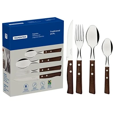 Abbildung von Tramontina Besteckset TRADICIONAL für 6 Personen, 24 teilig, Steakbesteck, Steakmesser mit Wellenschliff, Menügabeln, Menülöffel, Kaffeelöffel, Naturholzgriffe