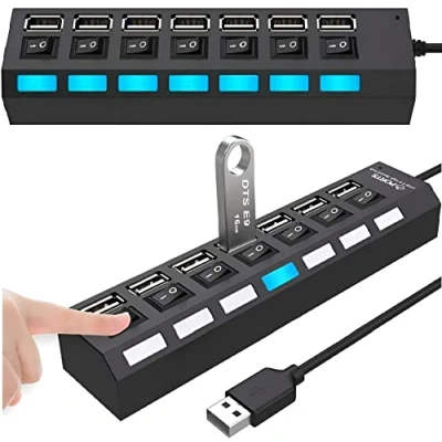 Abbildung von Retoo Hub USB 2.0 7 Port Adapter mit Power Schalter und LED Datenhub Aktiv EIN/Aus fur PC Laptop Powerbank Mehrfach Ports Verteiler Langes Kabel Multiport