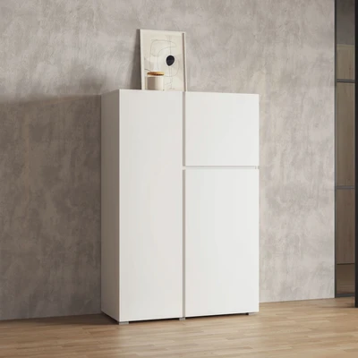 Abbildung von INOSIGN Highboard »Asymetric, Breite 92 cm, moderne grifflose Hochkommode mit 3 Türen«, Hochschrank viel Stauraum, Einlegeböden verstellbar, Türkommode