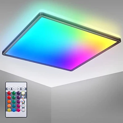 Abbildung von B.K.Licht LED Deckenlampe mit indirektem Licht, Fernbedienung, buntes RGB+W Panel, Deckenleuchte, Lampe, Wohnzimmerlampe, Schlafzimmerlampe, Küchenlampe, 42x42x3 cm, Schwarz