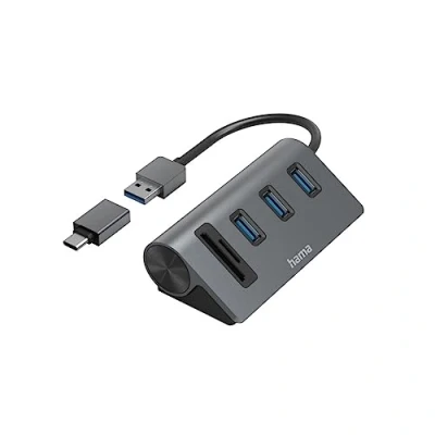 Abbildung von Hama USB Hub und Kartenleser 5 Ports (3x A, 1x SD, microSD, mit C Adapter, bis Gbit/s, Anschluss für Maus, Tastatur, Speicherkarte etc., Adapter Büro, Home Office) Aluminium