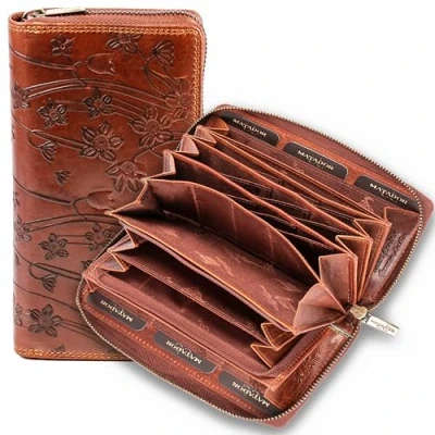 Abbildung von MATADOR [GIRONA XL Karten Portemonnaie Geldbeutel Damen Leder Groß mit edler Geschenk Box Portmonee Geldbörse Gross RFID Blocker Geldtasche Brieftasche Damenportemonnaie Blumen Braun