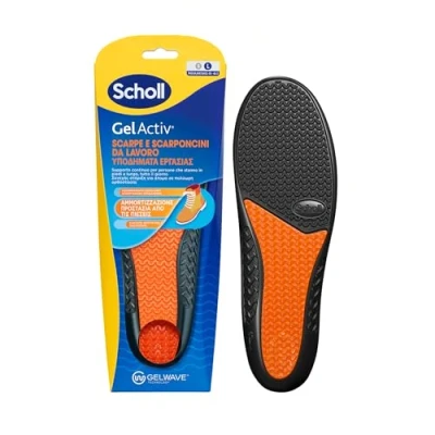 Abbildung von Scholl GelActiv Einlegesohlen und Arbeitsschuhe, mit dämpfender GelWave Technologie, kontinuierliche Unterstützung für Menschen, die lange stehen, Größe 40 46,5