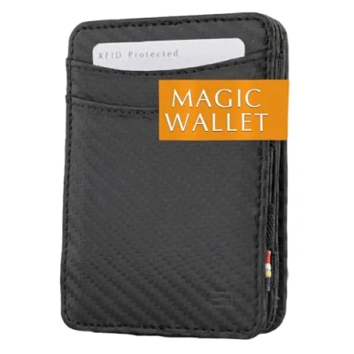Abbildung von Hunterson Flacher Geldbeutel Fuer Herren aus Leder, Magic Wallet mit RFID Schutz, Geldboerse Kleingeld und Platz 6 Karten, Carbon Black