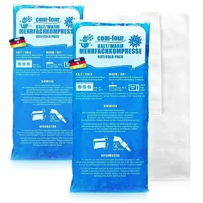 Abbildung von com four® 2x Große Mehrfach Kompressen 29 x 12 cm mit Premium Mehrweg Vlieshülle, Kalt und Warm Gel Kühlpack Schutzhülle Gummiband, mikrowellengeeignet Made in Germany