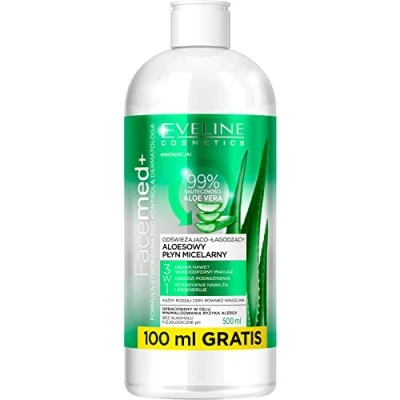 Abbildung von Eveline Cosmetics Facemed+ Erfrischendes Beruhigendes Aloe Mizellenwasser 3 in 1 Entfernt Wasserfestes Make up, Beruhigt Irritationen, Tiefenbefeuchtung &amp; Regeneration, 500ml