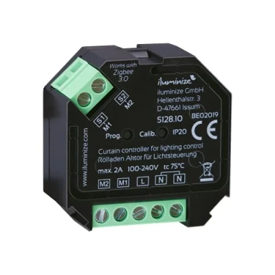 Abbildung von Rolladen/Jalousie und Leinwand Aktor Mini, 2 Kanäle auf/ab, max. 2A, steuerbar mit Zigbee Lichtbefehlen (dimmen), Montage in einer tiefen Schalterdose kompatibel