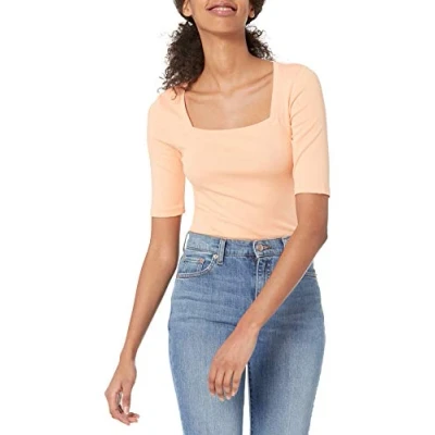 Abbildung von Amazon Essentials Damen Halbarm T Shirt mit eckigem Ausschnitt in schmaler Passform, Korallenorange, M