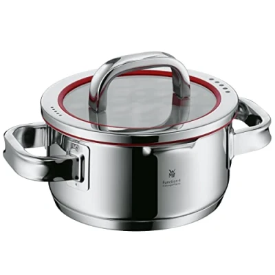 Abbildung von WMF Function 4 Kochtopf klein 16cm, Glasdeckel, Bratentopf Induktion 1,4l, Cromargan Edelstahl poliert, Abgießfunktionen, Innenskalierung, rot