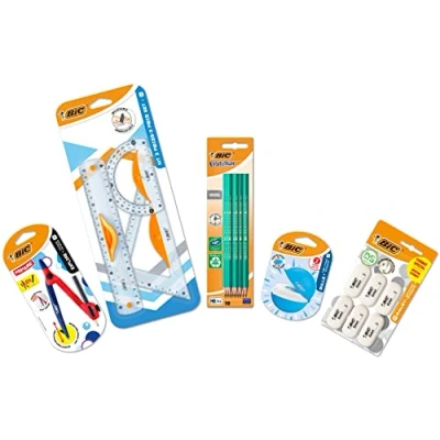 Abbildung von BIC Schulbedarf Set: 10 Bleistifte, 1 Zirkel, Spitzer mit Dose, Geometrie Set (inkl. Lineal), 6 Radiergummis
