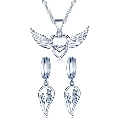 Abbildung von Yumilok 925 Sterling Silber Zirkonia Engelsflügel Doppel Herzen Ohrhänger Halskette Schmuck Set Ohrringe Kette mit Anhänger für Damen Mädchen