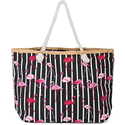 Abbildung von styleBREAKER XXL Strandtasche mit Streifen Flamingo Print und Reißverschluss, Schultertasche, Shopper, Damen 02012252, Farbe:Schwarz Weiß