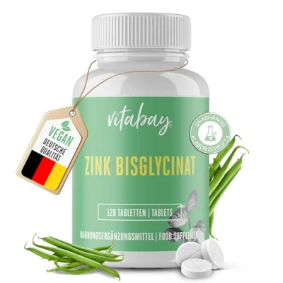 Abbildung von Vitabay Zink Bisglycinat hochdosiert 25mg 120 VEGANE Tabletten pro Tagesdosis Zinc Bisglycinate Supplement Zinktabletten Zinkbisglycinat…