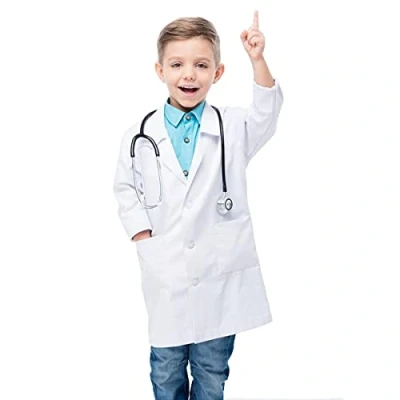 Abbildung von Waflyer Kinder Arztkitel Laborkitel Unisex Weiß Kostüm Baumwolle Schutzkleidung mit knöpfen und Tasche Junge Mädchen Langarm Medizin Uniform für Arbeit, Studium,Labor M