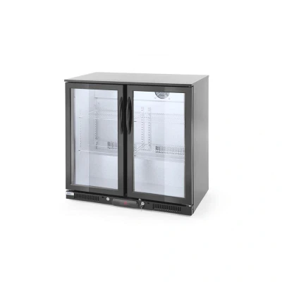 Abbildung von HENDI Getränkekühlschrank 200 Liter 90 x 50 cm 2 Glastüren 4 Regalböden LED Beleuchtung schwarz, Gastro Bar Kühlschrank Flaschenkühler
