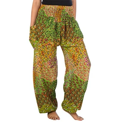Abbildung von Lofbaz Damen Boho Haremshose Festival Outfit Sommerhose Leicht Yogahose Pumphose Hippie Hose Kleidung Sommer Hosen Peacock 3 Light Grün M