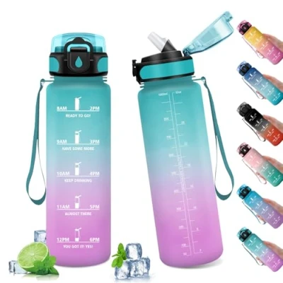 Abbildung von Trinkflasche 1L, Sport Kohlensäure Geeignet, Wasserflasche Auslaufsicher, Fahrrad mit Zeitmarkierung, für Kinder, Outdoor, Erwachsener, Büro, Sport, Fitness, Yoga