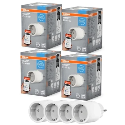 Abbildung von OSRAM SMART+ Smarte Steckdose mit Matter over WiFi, entwickelt für Alexa einfaches Setup per Klick, bindet konventionelle Geräte bis zu 2.300W ins Smart Home ein, 4er Pack