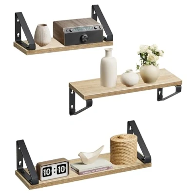 Abbildung von VASAGLE Wandregal, Schweberegal, 3er Set, Regalbrett, 2 Montagemöglichkeiten, 30/35/40 cm, für Wohnzimmer, Küche, Arbeitszimmer, Badezimmer, eichenfarben Mattschwarz LWS033B11