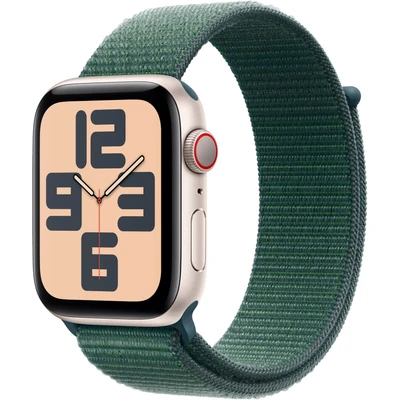 Abbildung von Apple Watch SE (2. Generation) GPS + Cellular 44 mm Smartwatch mit Aluminiumgehäuse in Polarstern und Sport Loop Seegrün (One Size). Fitness Schlaftracker, Unfallerkennung, CO₂ neutral