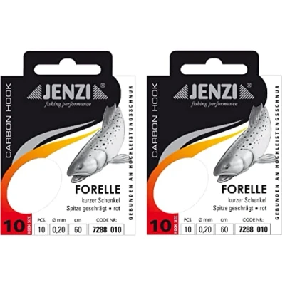 Abbildung von Spar Set: 2 Packungen JENZI gebundene Forellenhaken (20 Stück) r Mono, 60cm Hakengröße 4, 6, 8, 10 &amp; 12 je nach Auswahl + gratis Petri Heill! Aufkleber (Hakengröße 10)