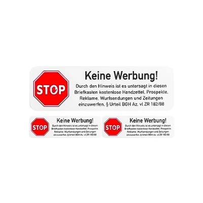 Abbildung von Briefkastenaufkleber &quot;Keine Werbung&quot;, 3 Stück, 67 x 21 mm, selbstklebende Folie mit BGH Hinweis, Hinweisschild Sticker für Innen und Außenbereich, Keine Werbung Aufkleber Tattoo Schild Briefkasten