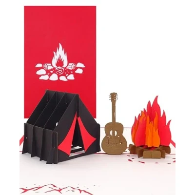 Abbildung von Pop Up Karte Camping Zelt am Lagerfeuer &amp; Gitarre 3D Geburtstagskarte Pfadfinder, Zelten als Einladung Gutschein