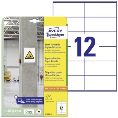 Abbildung von AVERY Zweckform L7875 20 stark haftende Etiketten (240 Aufkleber, 105x48mm auf A4, extrem selbstklebend, auch für schwierige Oberflächen, bedruckbare Power Klebeetiketten) Blatt, weiß
