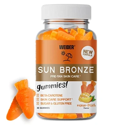 Abbildung von Weider Sun Bronze Gummies (40 Stück) Mango Pfirsich Geschmack, Gummis mit Beta Carotin, Lutein und Zeaxanthin, Unterstützt die Bräune schützt Haut. Zuckerfrei Glutenfrei, 20 Portionen