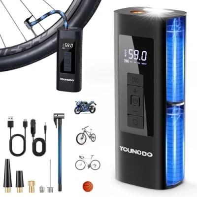 Abbildung von Elektrische Luftpumpe, YOUNGDO Fahrradpumpe, Luftpumpe Fahrrad 150PSI, Akku Kompressor 6000mAh, Fahrradpumpe alle Ventile für Fahrrad, Motorrad, Auto