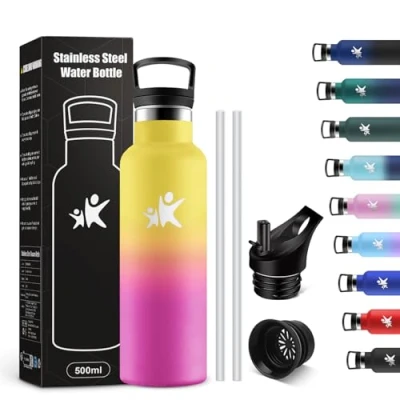 Abbildung von KollyKolla Thermosflasche 500ml, Trinkflasche Kohlensäure Geeignet, Auslaufsicher Wasserflasche mit Strohhalm, BPA Frei, Isolierflasche Doppelwandig, für Schule, Camping, Reisen