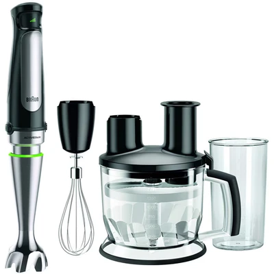 Abbildung von Braun MultiQuick 7 MQ 7075X Stabmixer Pürierstab mit abnehmbarem edelstahl Mixfuß ActiveBlade Technologie zum Pürieren der härtesten Zutaten, inkl. 3 teiliges Zubehör Set, 1000 Watt, schwarz