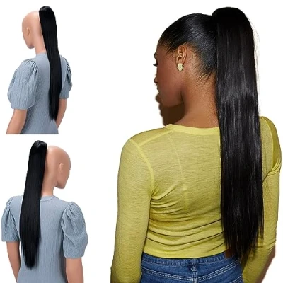 Abbildung von CAISHA 60cm Glatt Pferdeschwanz Mit Butterflyklammer Haarteil Zopf Hitzebeständig Haarverlängerung Schwarz H601