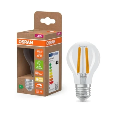 Abbildung von Osram Energy Class LED Lampe in klassischer Kolbenform, 2.2 W / 470 lm, EEK A, warmweißes Licht (2700 K), CRI 80, aus klarfarbenem bleifreiem Glas, E27 Sockel, IP20, 60 mm Durchmesser, dimmbar.